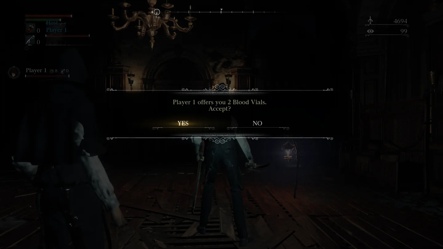 On Player 2's screen: Player 1 offers you 2 Blood Vials. Accept?
