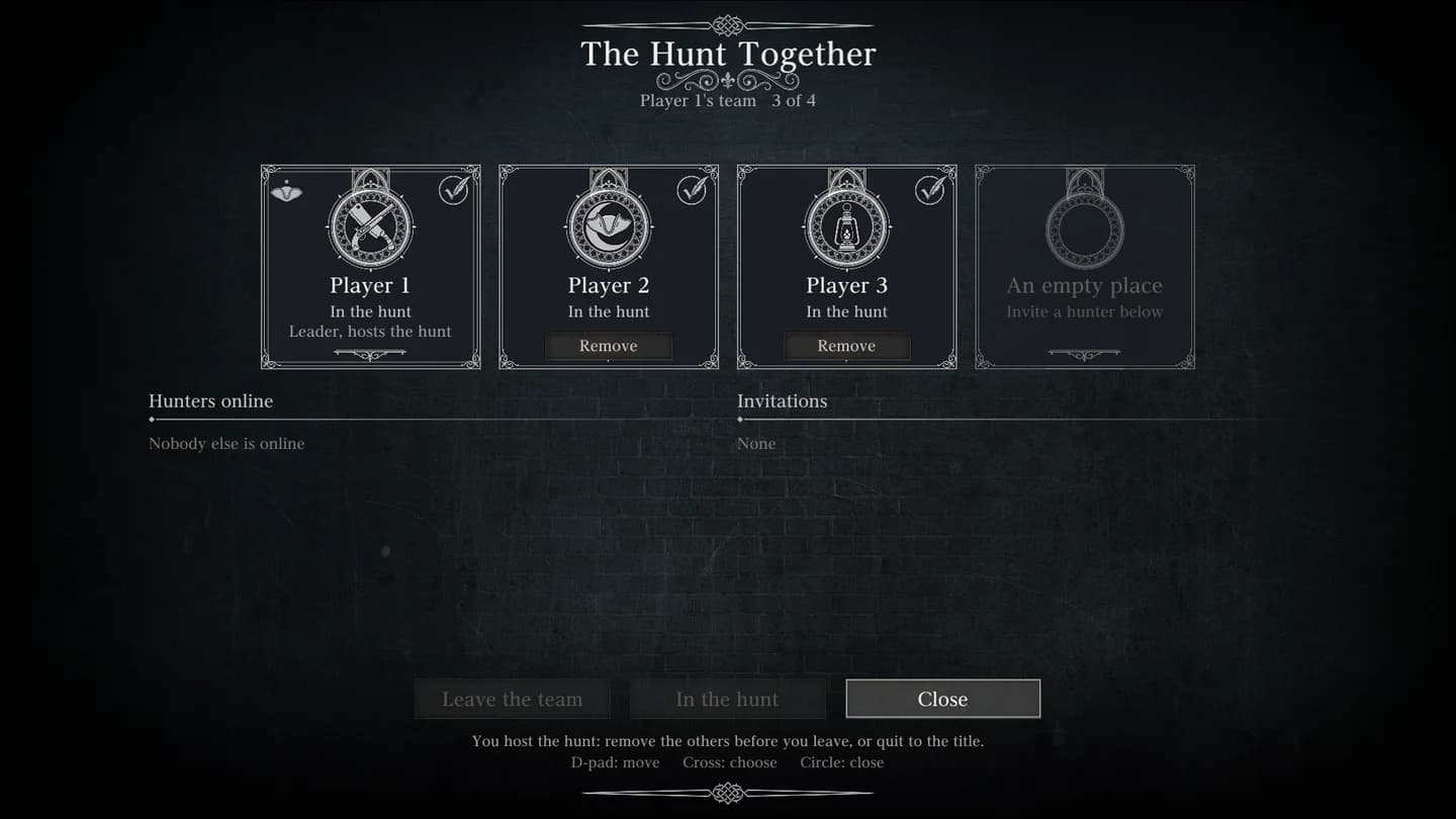 The Co-op Team page from the Insert menu: Player 1, Player 2 and Player 3 In the hunt, one empty place, Hunters online and Invitations.