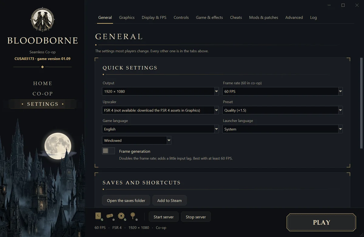 The launcher's settings: resolution, frame rate and upscaler.