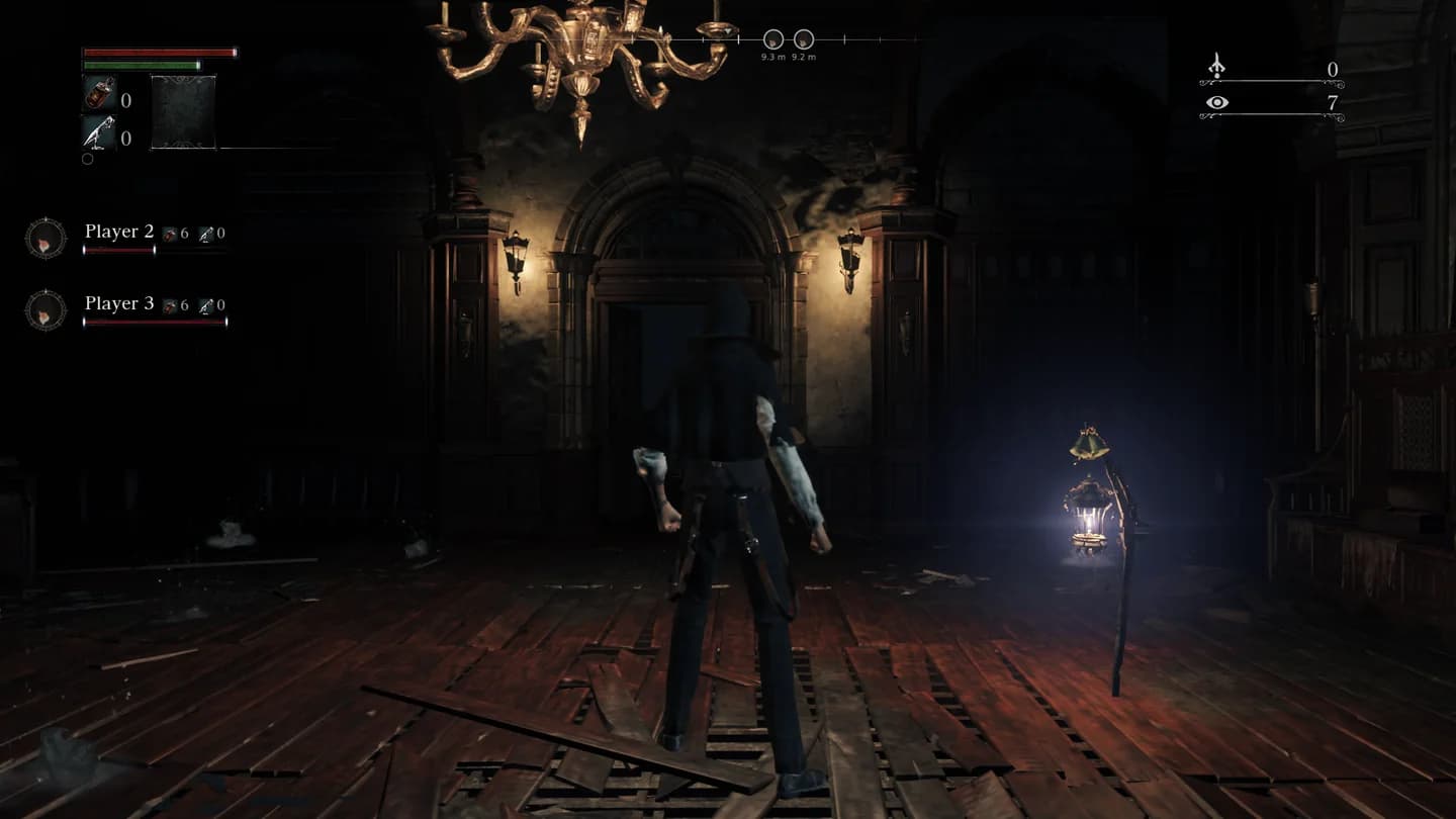 In the clinic, the party list shows Player 2 and Player 3 with portraits, vials, bullets and health bars.