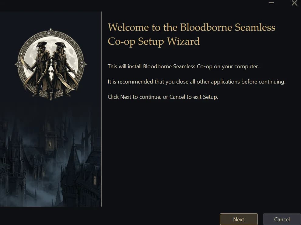 The setup's welcome page beside the hunter emblem.