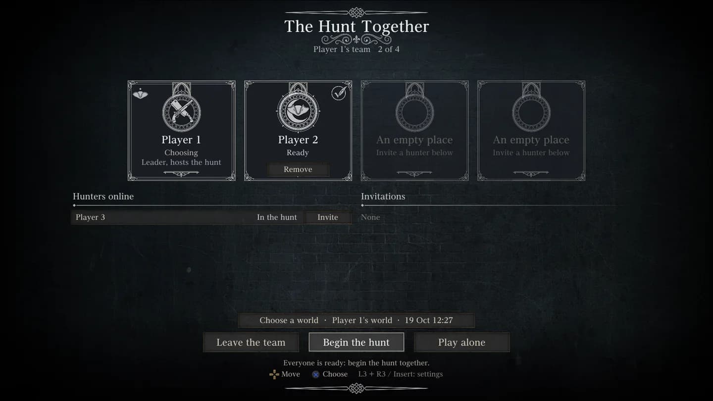 The leader's team screen: Player 1 and Player 2, who is Ready, and Begin the hunt lit.