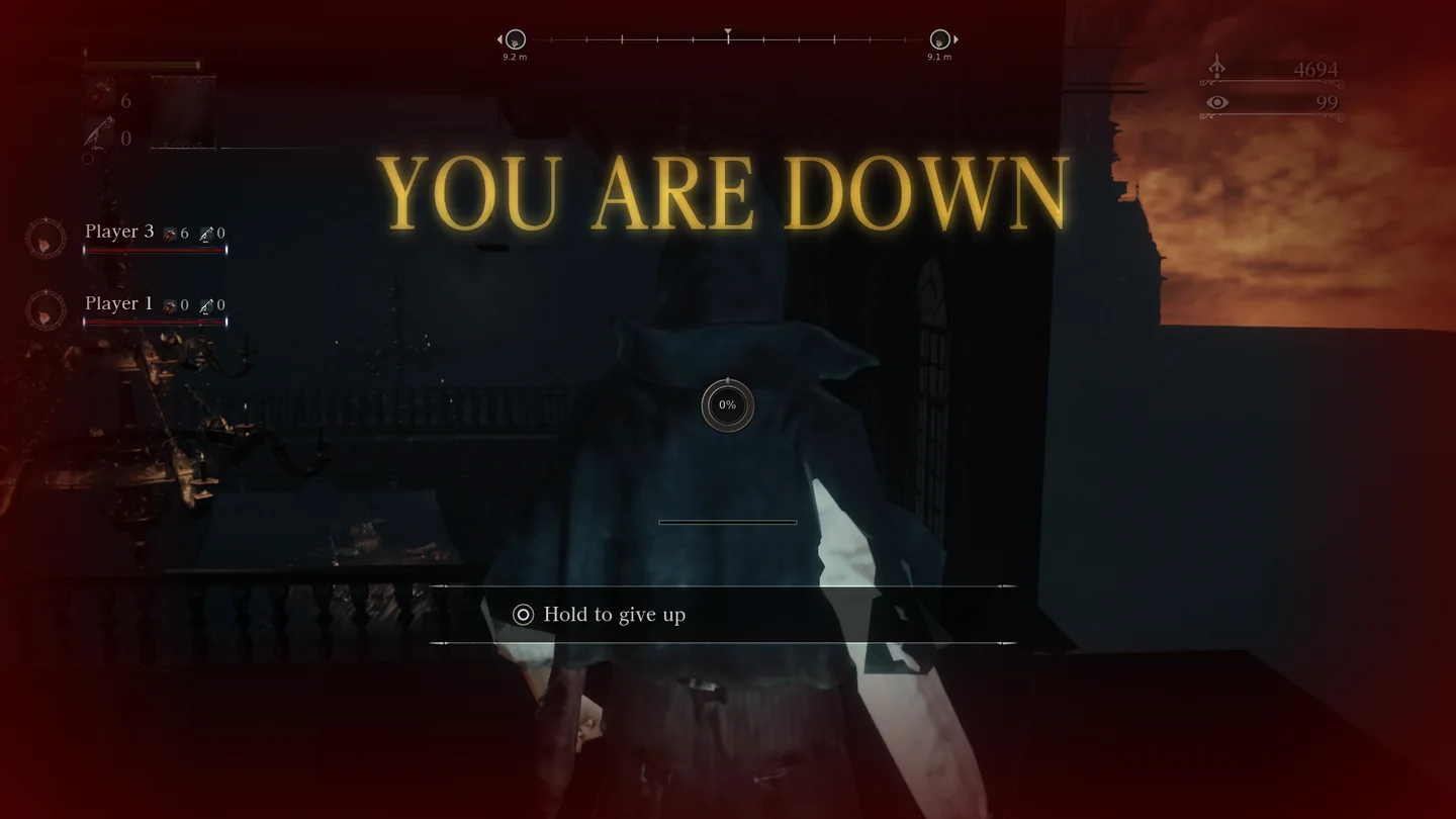 The downed player's red screen with YOU ARE DOWN in gold letters and Hold to give up.